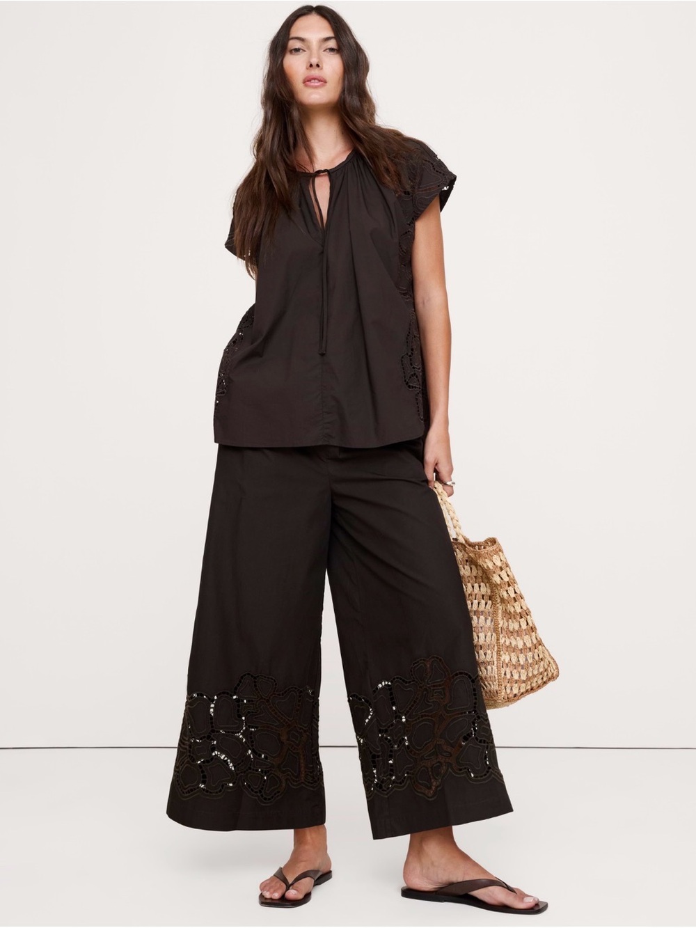 NWT Banana Republic Embroidered Poplin Wide Leg Brown Pants small Petite